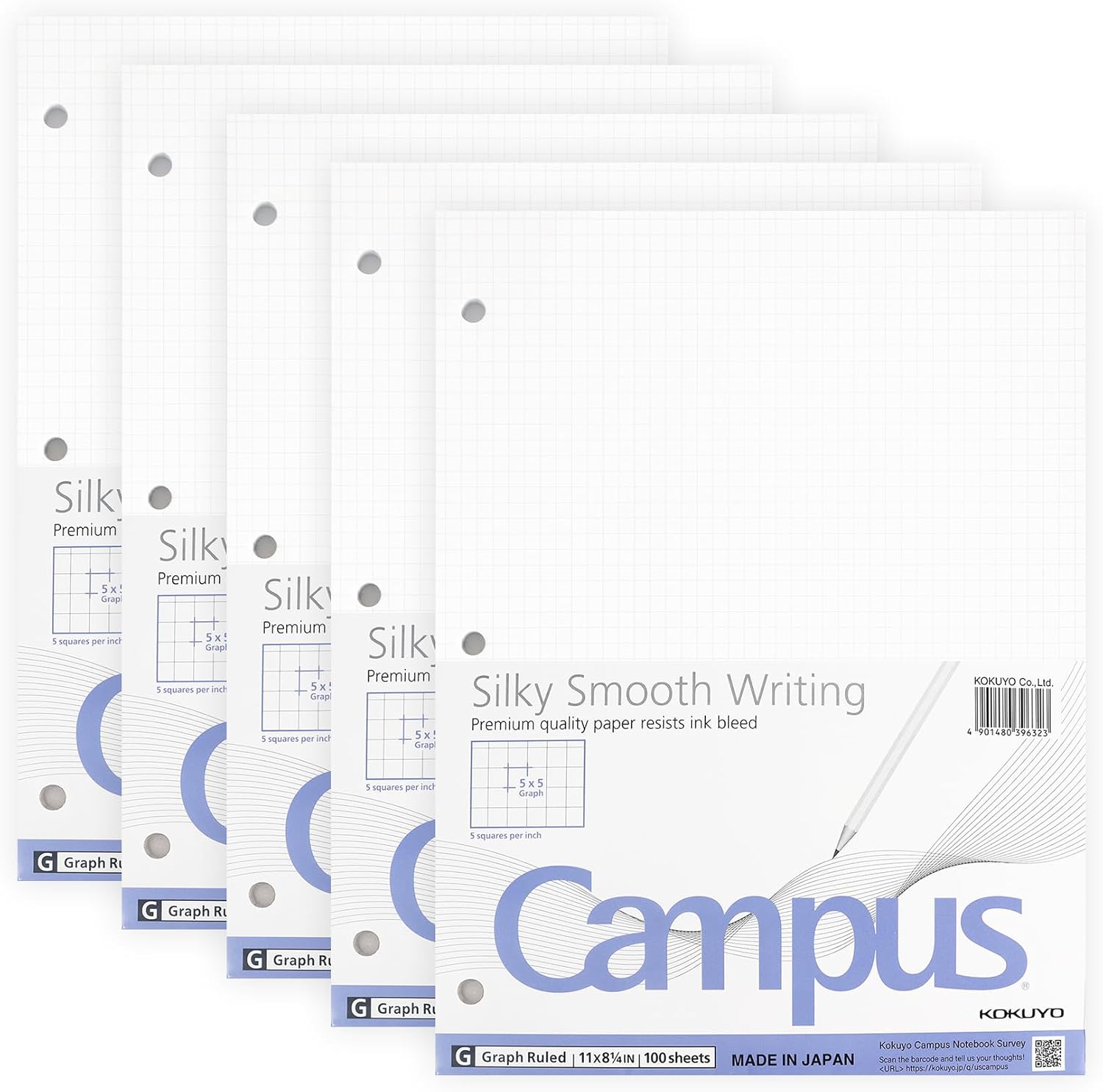 KOKUYO 5x5 Graph Paper, 8.25x11 Inches, 500 Sheets Loose Leaf Paper, Smooth Writing Surface, Bleed Resistant Filler Paper for Math, Engineering, Art Projects (Japan Import)