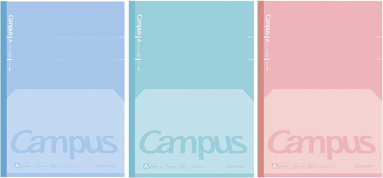 KOKUYO Campus Composition Kimochii Notebook, 3 Pack Feels Flat Semi-B5 Comp Book, Green Pink Blue, Dot A 7mm Ruled, 30 Sheets Lined Journal Notebook for School Note Taking. Japan Import (NO-FL3CATX3)