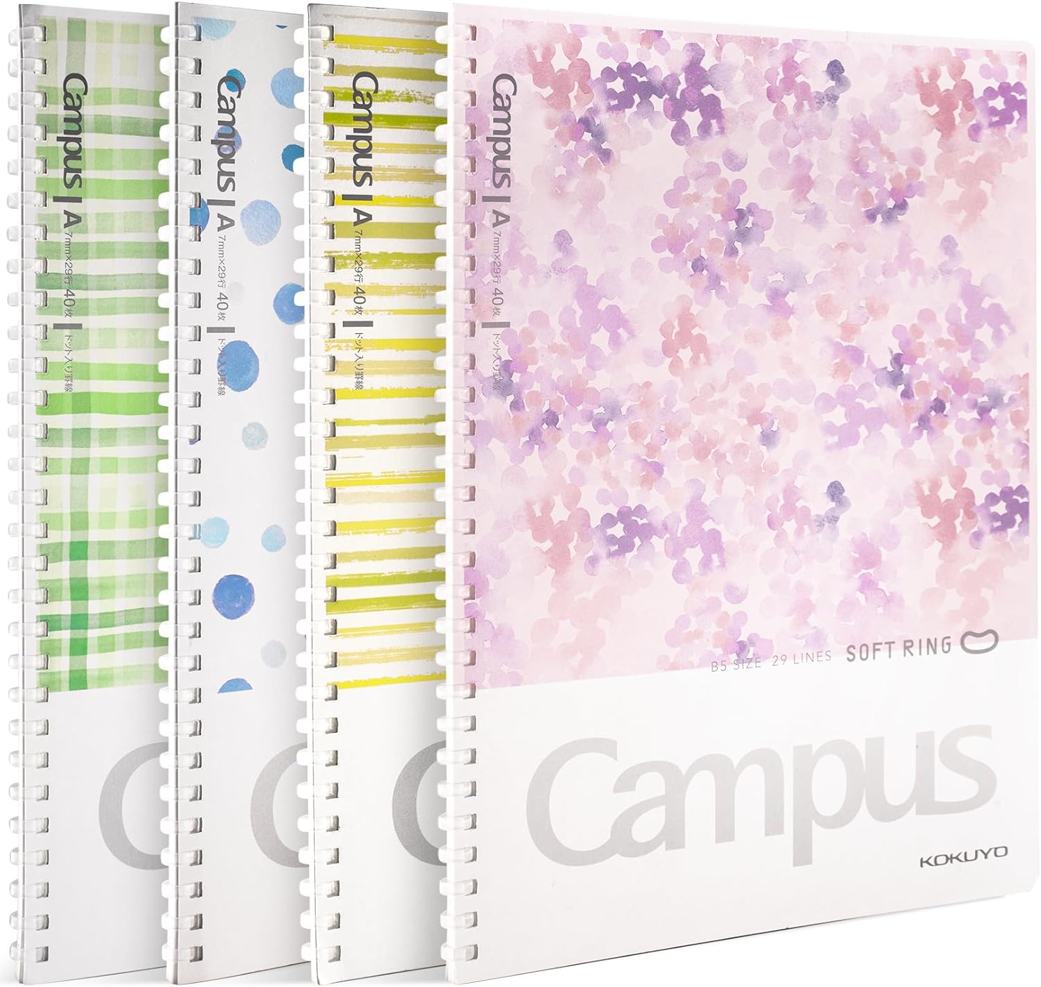 Kokuyo Spiral Notebook Journal, 4 Pack Campus B5 Soft Ring Notebooks with Dotted A 7mm Rule, 40 Sheets, Aesthetic 1 Subject Notebook in Blue Pink Yellow Green, College Office Note Taking. Japan Import