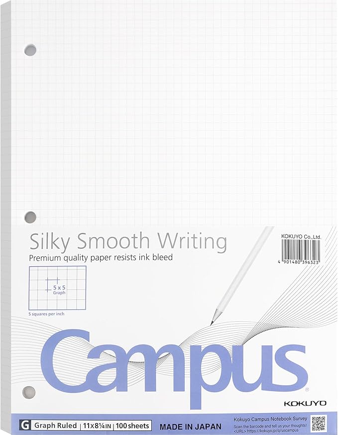 KOKUYO 5x5 Graph Paper, 8.25"x11", 100 Sheets, Smooth Writing Surface, Bleed Resistant Filler Paper for Math, Engineering, Art Projects (Japan Import)