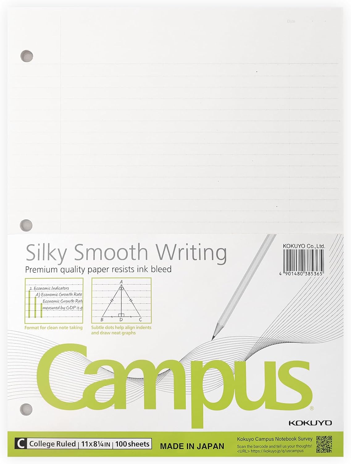 Kokuyo Campus Loose Leaf Paper for 3 Ring Binders, 8-1/4"x11”, College Ruled Notebook Paper, 100 Sheets, Japanese Smooth Paper Prevents Ink Bleeding, School Suppliers, Made in Japan(WSG-NO-887G1)