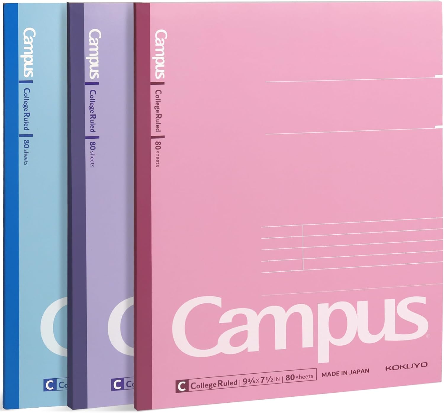 KOKUYO Composition Notebooks, 3 Pack Campus 9-3/4" x 7-1/2" Comp Book with College Ruled, 80 Sheets, Pink Blue Lavender School Lined Notebook Journal for Work Study Note Taking (WSG-NO-308CG1×3)
