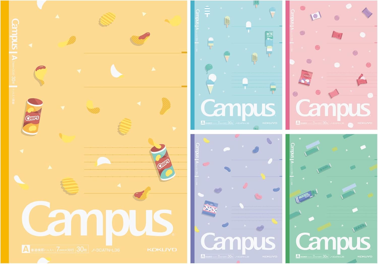 KOKUYO Composition Notebooks, 5 Pack Campus Semi-B5 Comp Book with Dot A 7mm Ruled, 30 Sheets, School Lined Notebook in Snack Motif, Journal Notebook for Women Work Study Note Taking (NO-3CATN-L36X5)