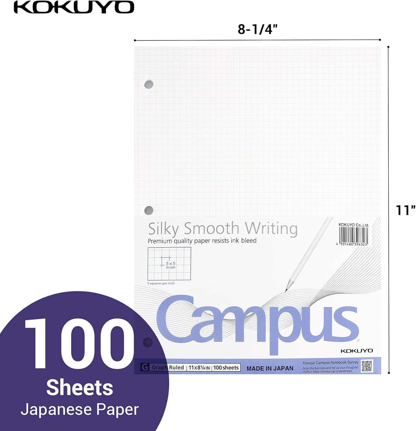KOKUYO 5x5 Graph Paper, 8.25"x11", 100 Sheets, Smooth Writing Surface, Bleed Resistant Filler Paper for Math, Engineering, Art Projects (Japan Import)