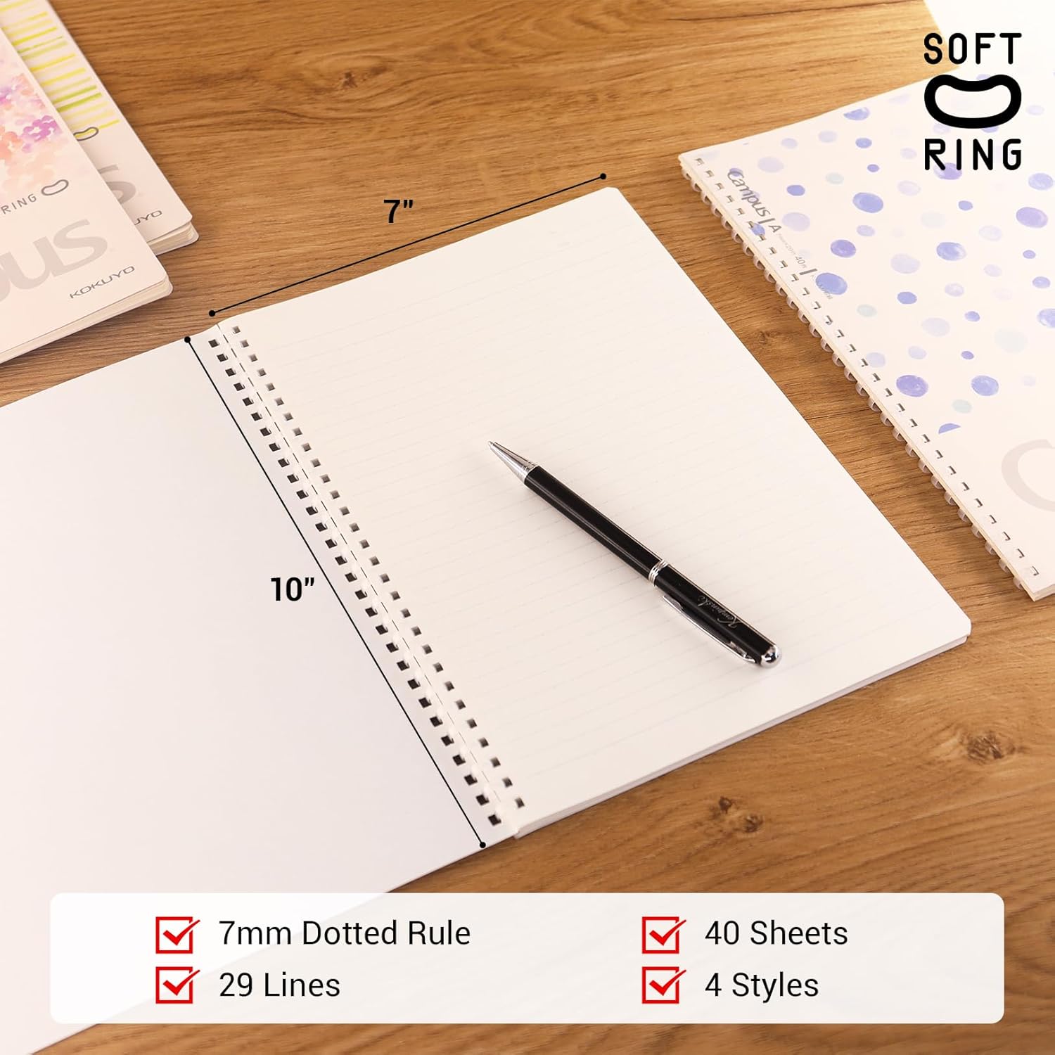 Kokuyo Spiral Notebook Journal, 4 Pack Campus B5 Soft Ring Notebooks with Dotted A 7mm Rule, 40 Sheets, Aesthetic 1 Subject Notebook in Blue Pink Yellow Green, College Office Note Taking. Japan Import