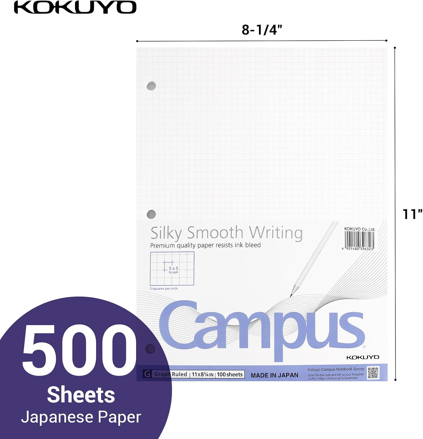 KOKUYO 5x5 Graph Paper, 8.25x11 Inches, 500 Sheets Loose Leaf Paper, Smooth Writing Surface, Bleed Resistant Filler Paper for Math, Engineering, Art Projects (Japan Import)