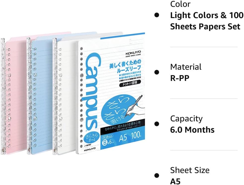 Kokuyo Campus Smart Ring Binders 3 Pack, A5 Binder Notebooks + 100 Campus Loose-Leaf Paper, 25 Sheet Capacity, 20 Ring, Slim Binder Folder for Meeting and Classes, Vivid Color, Japan Import