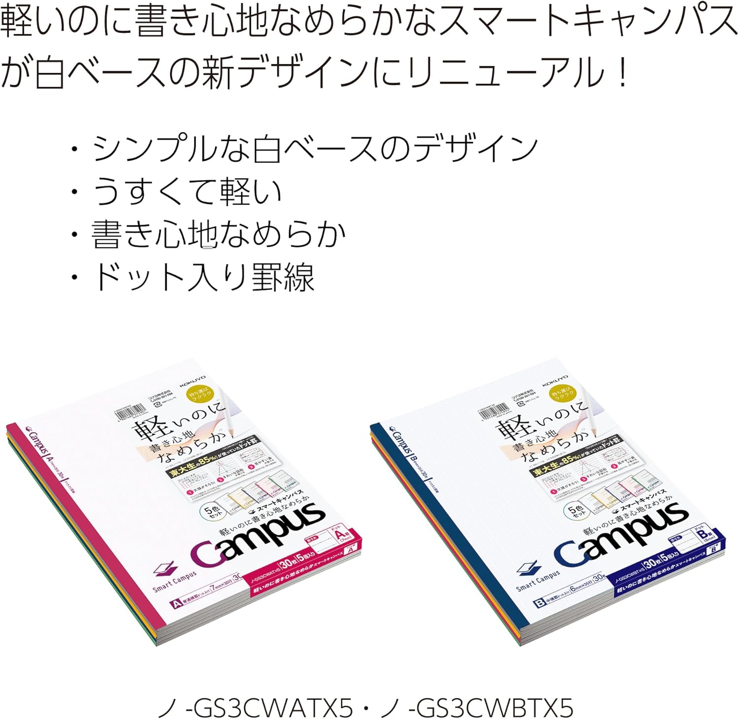 KOKUYO Composition Notebooks, 5 Pack Smart Campus Semi-B5 Comp Book with Dot A 7mm Ruled, 30 Sheets, School Lined Notebook in White, Journal Notebook for Women Work Study Note Taking (NO-GS3CWATX5)