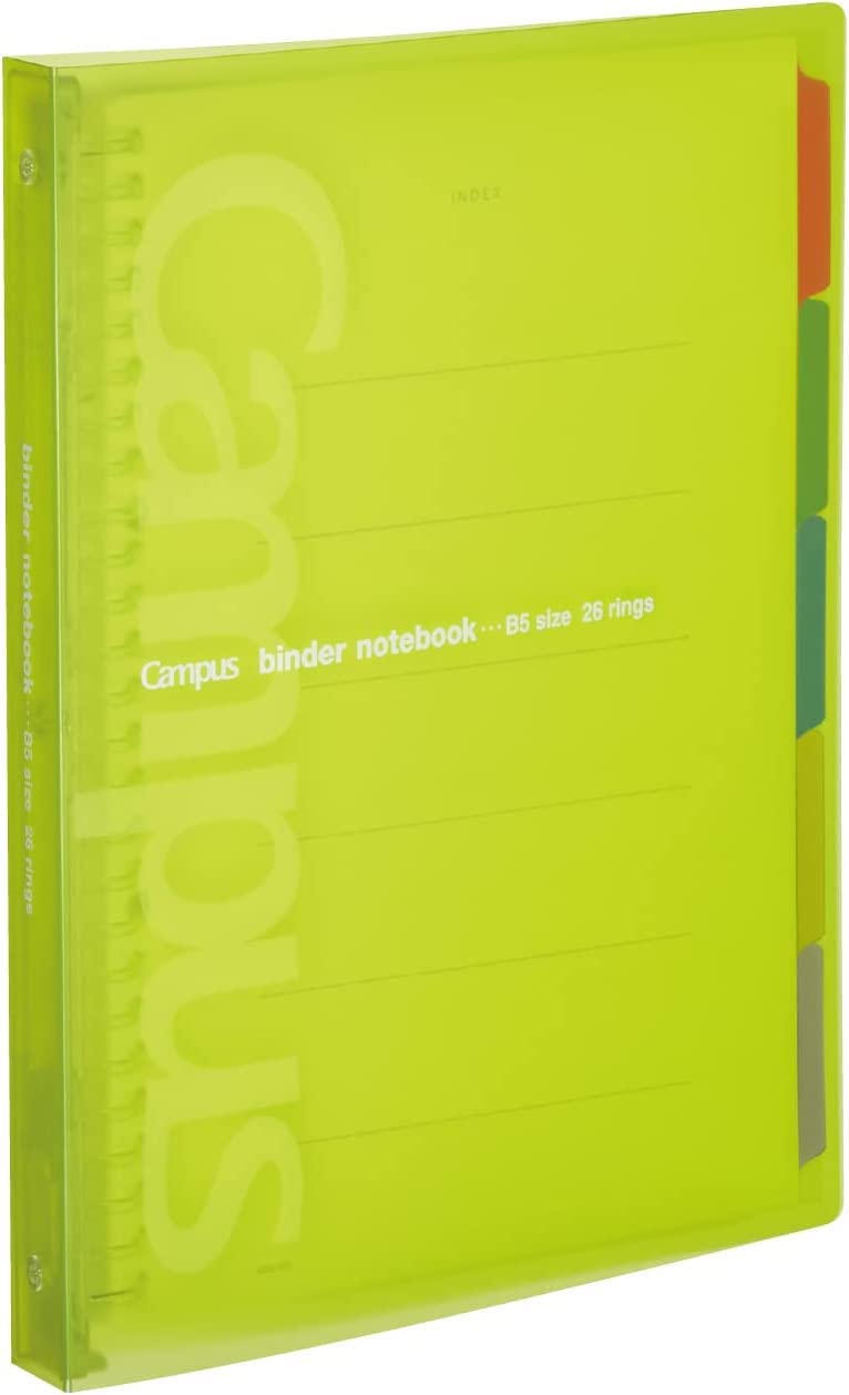 Kokuyo Campus Slide Binder with 5 Tab Dividers, Middle Type, B5, 26 Holes, Up to 100 Sheets, Yellow Green, Japan Import (RU-P333NYG)