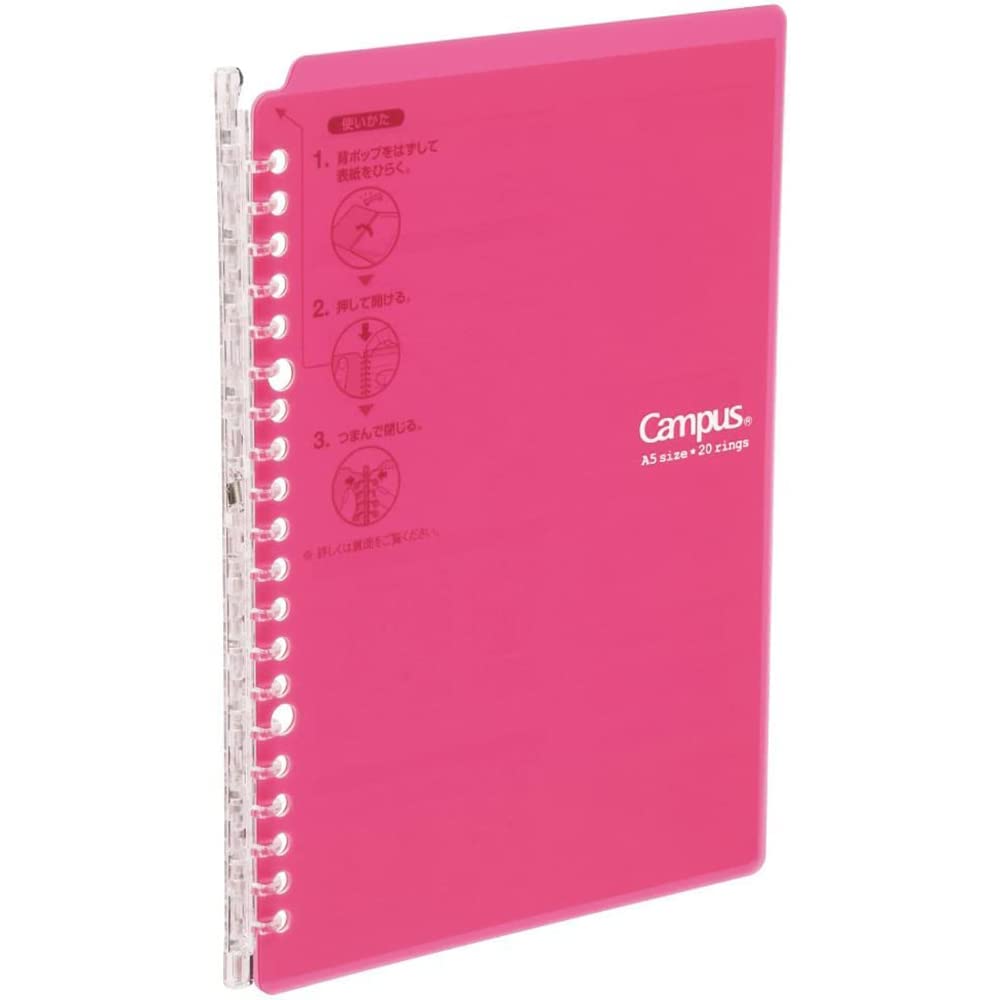 Kokuyo Campus Smart Ring Binder, A5 Pink Refillable Binder Notebook 20 Holes with 10 Extra Loose-Leaf Paper, Up to 25 Filler Papers for Work & Study, Japan Import (RU-SP130P)