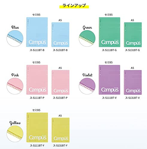 KOKUYO Spiral Lined Notebook, 10'' x 7'' Pastel Journal B5 Campus Soft Ring Notebooks with Dot 6 mm Ruled, 40 Sheets, Green 1 Subject Notebook, Note Taking for School. Japan Import (SU-S111BT-G)