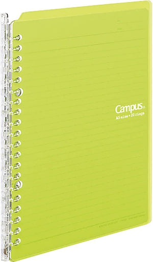 Kokuyo Campus Smart Ring Binder, A5 Yellow Green Refillable Binder Notebook 20 Holes with 10 Extra Loose-Leaf Paper, Up to 25 Filler Papers for Work & Study, Japan Import (RU-SP130YG)