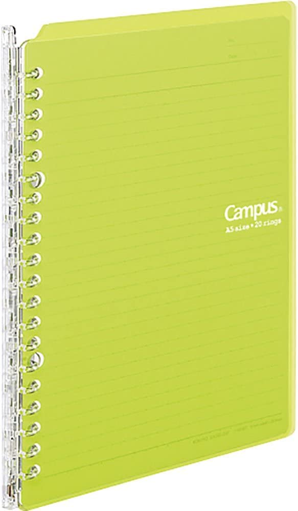 Kokuyo Campus Smart Ring Binder, A5 Yellow Green Refillable Binder Notebook 20 Holes with 10 Extra Loose-Leaf Paper, Up to 25 Filler Papers for Work & Study, Japan Import (RU-SP130YG)