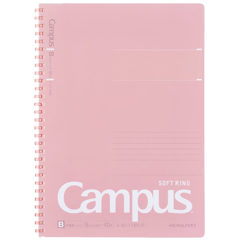 KOKUYO Spiral Lined Notebook, 10'' x 7'' Pastel Journal B5 Campus Soft Ring Notebooks with Dot 6 mm Ruled, 40 Sheets, Pink 1 Subject Notebook, Note Taking for School. Japan Import (SU-S111BT-P)