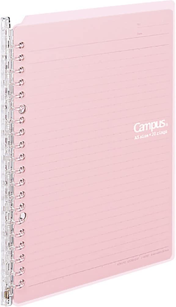 Kokuyo Campus Smart Ring Binder, A5 Light Pink Refillable Binder Notebook 20 Holes with 10 Extra Loose-Leaf Paper, Up to 25 Filler Papers for Work & Study, Japan Import (RU-SP130LP)