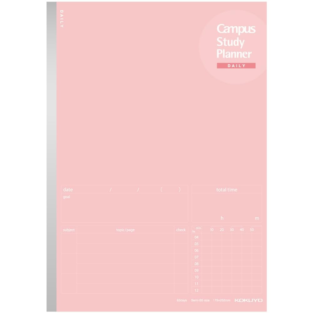 Kokuyo Campus Study Planner Notebook, Daily Ruled, Semi-B5, Light Pink, for 63 Days, Japan Import (NO-Y80MD-LP)