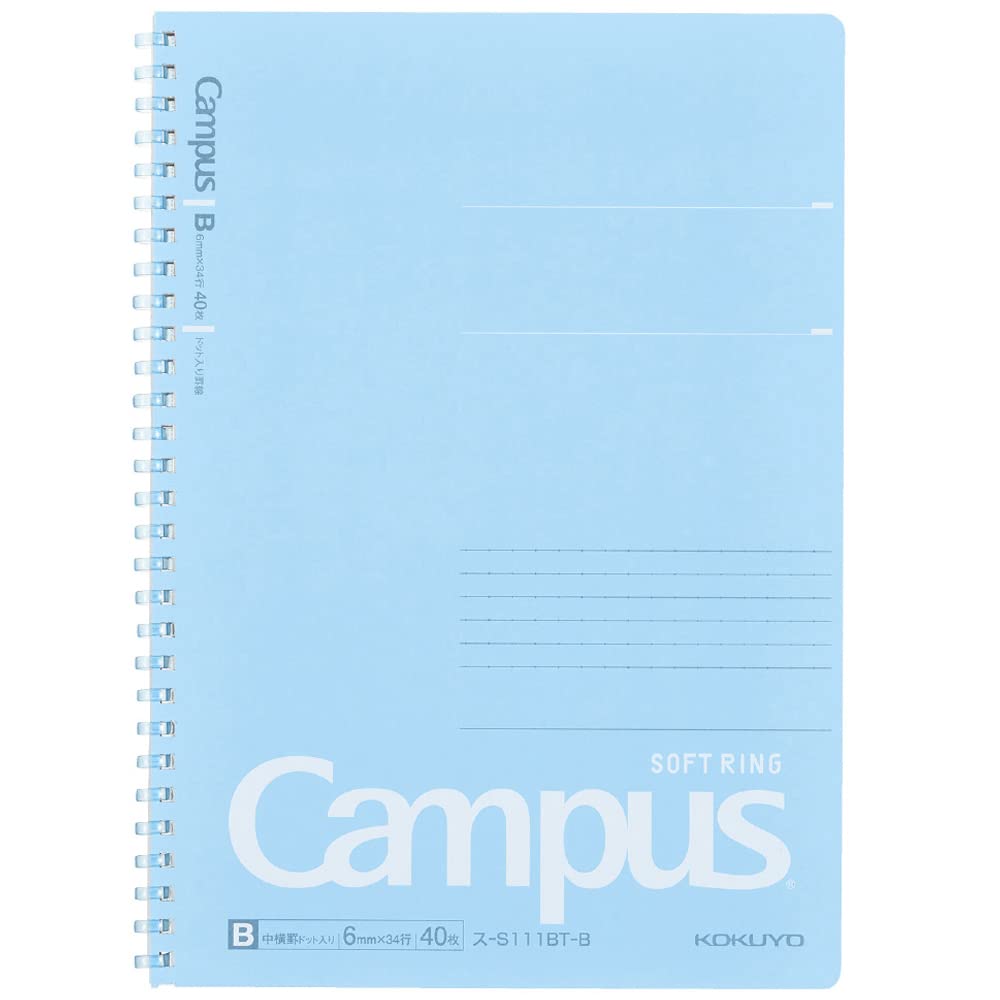 KOKUYO Spiral Lined Notebook, 10'' x 7'' Pastel Journal B5 Campus Soft Ring Notebooks with Dot 6 mm Ruled, 40 Sheets, Blue 1 Subject Notebook, Note Taking for School. Japan Import (SU-S111BT-B)