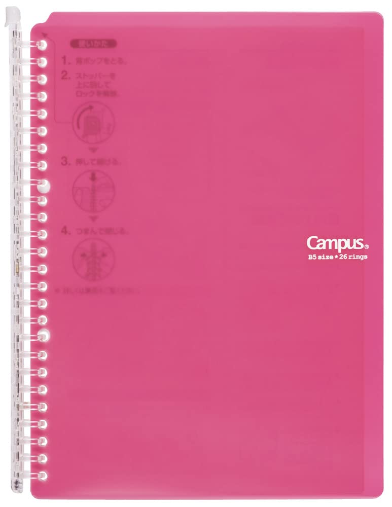 Kokuyo Campus Smart Ring Binder, B5 Pink Refillable Binder Notebook 26 Holes with 10 Extra Loose-Leaf Paper, Up to 60 Filler Papers for Work & Study, Japan Import (RU-SP706P)