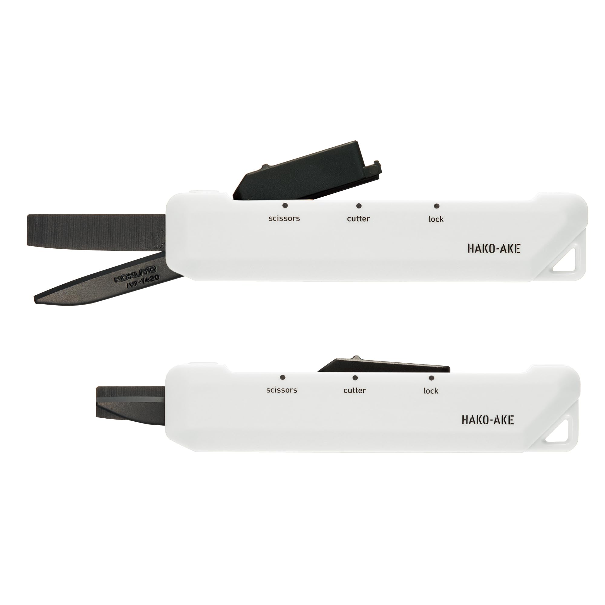 KOKUYO 2-Way Portable Scissors, HAKO-AKE Compact Pocket Size Travel Scissors, Black Blade All Purpose Craft Scissor Box Cutter for Office, Travel and Home. White(Hasa-T420W)