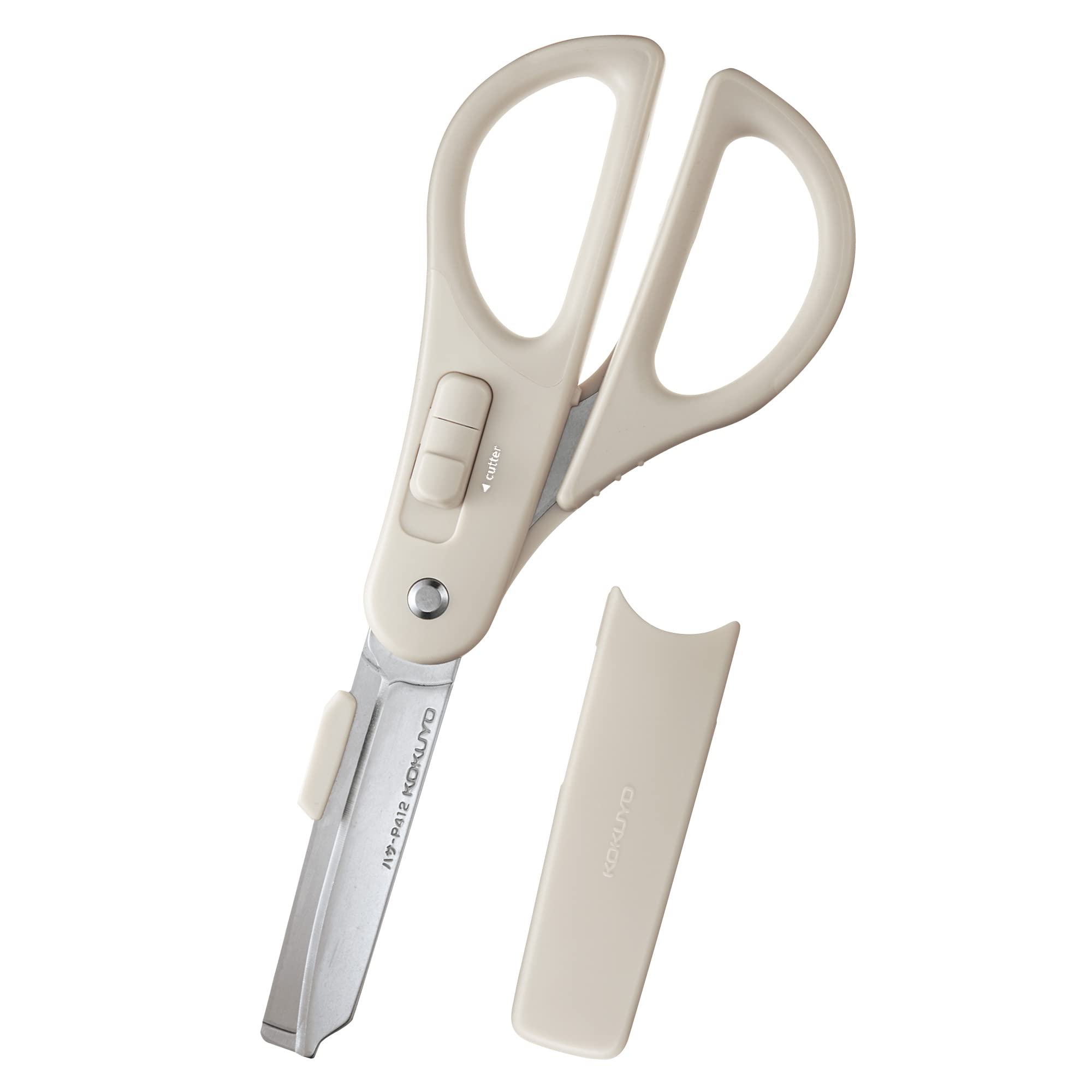 KOKUYO 2-Way All Purpose Scissor, HAKO-AKE Heavy Duty Regular Size Travel Scissors, Stainless Steel Blade Multiple Purpose Craft Scissor Box Cutter for Office, Travel and Home. Off-White (HASA-P412LM)