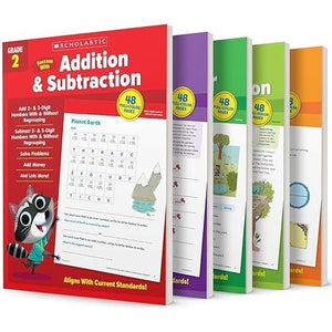 Scholastic Success with Addition & Subtraction, Writing, Grammar, Reading Comprehension, Math, Grade 2 Workbook, 5 Books Collection Set