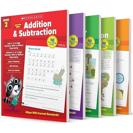 Scholastic Success with Addition & Subtraction, Writing, Grammar, Reading Comprehension, Math, Grade 2 Workbook, 5 Books Collection Set