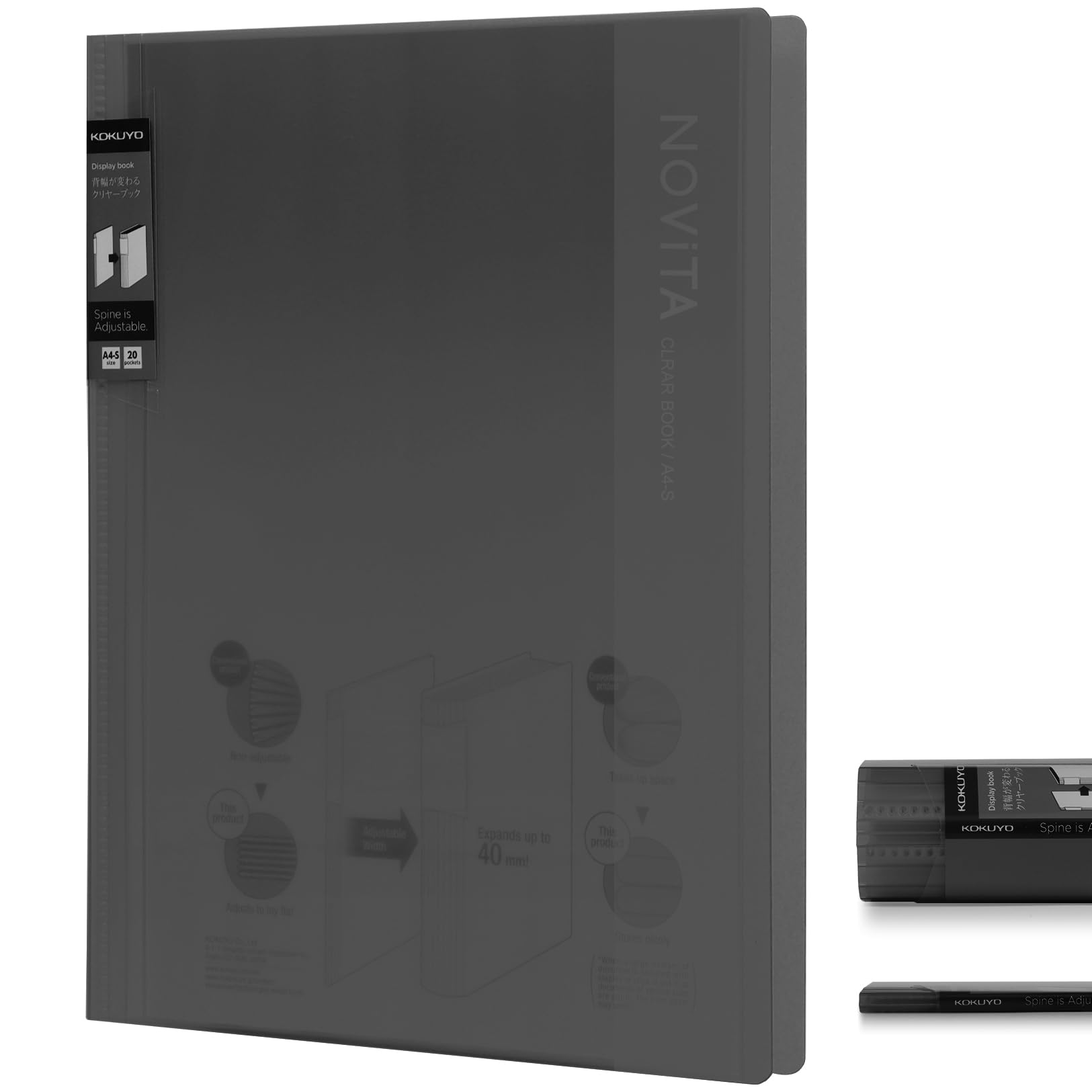 Kokuyo 20-Pocket Binder with Plastic Sleeves 8.5"x11" (Black), A4 and US Letter Expandable Art Portfolio Folder with Clear Sheet Protectors. 40 Pages of Presentation Display Book. (RA-NV20D)