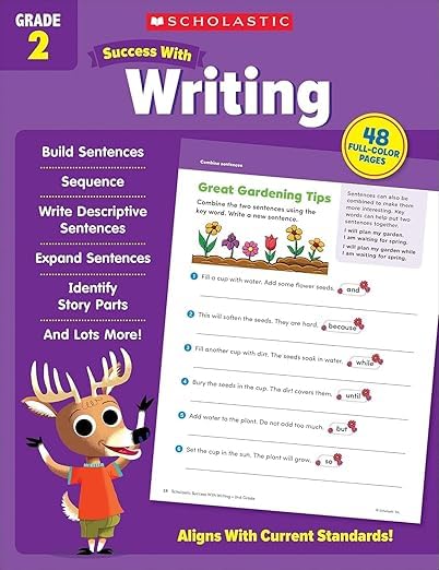 Scholastic Success with Addition & Subtraction, Writing, Grammar, Reading Comprehension, Math, Grade 2 Workbook, 5 Books Collection Set