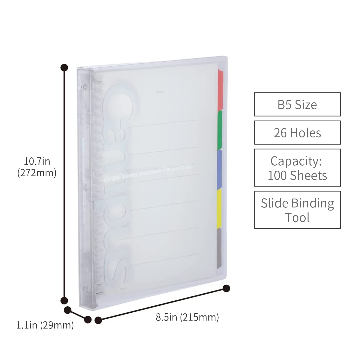 KOKUYO 5 Subject Spiral Notebook, Campus B5 Refillable Journal with 5 Tab Dividers, 100 Sheets in 6mm Dotted Ruled Loose Leaf Paper, Transparent, Japan Import (RU-P333NT & NO-S836BT)