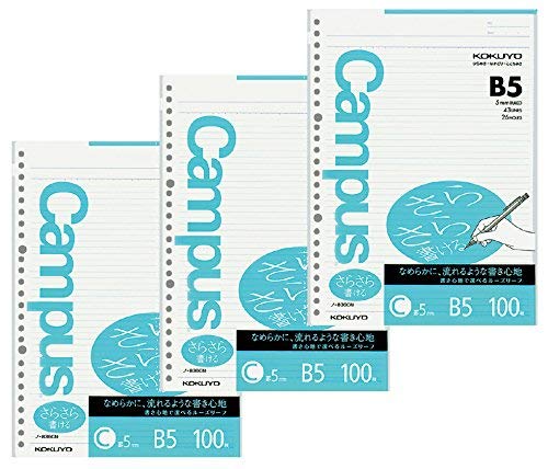 Kokuyo Campus Loose Leaf Paper for Binders, 3 Pack Sarasara Smooth Writing Paper, B5, 5mm Ruled, 43 Lines, 26 Holes, 100 Sheets, pH Neutral, Bleed Resistant, 75gsm, Japan Import (NO-836CN)