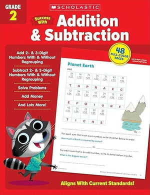 Scholastic Success with Addition & Subtraction, Writing, Grammar, Reading Comprehension, Math, Grade 2 Workbook, 5 Books Collection Set
