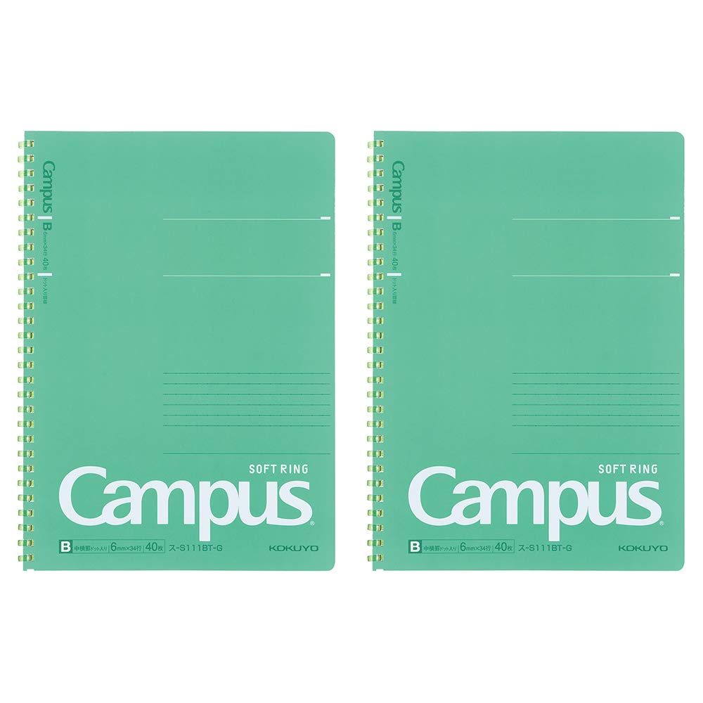 Kokuyo Campus Soft Ring Notebook, Semi-B5, B 6mm Dot Ruled, 34 Lines, 40 Sheets, Green, Set of 2, Japan Import (SU-S111BT-G)