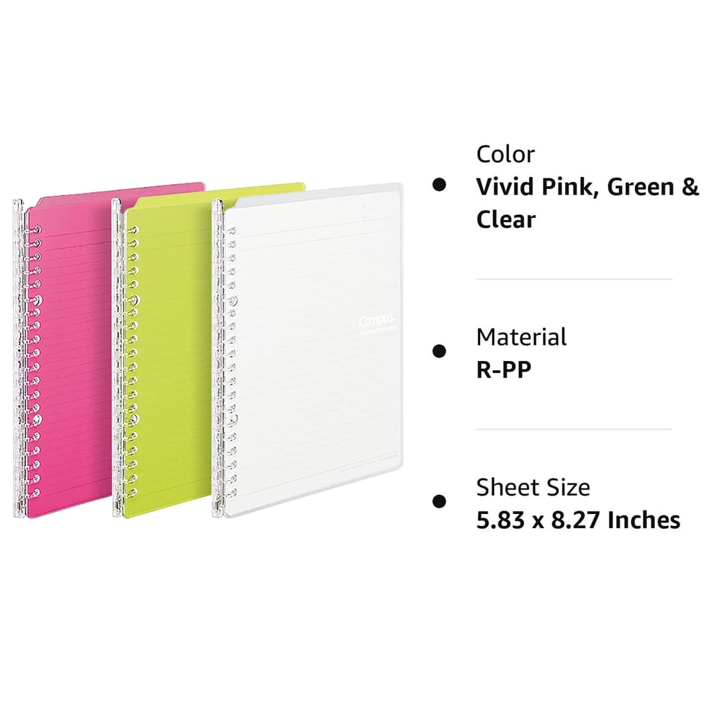 Kokuyo Campus Smart Ring Binders 3 Pack, A5 Vivid Colors Binder Notebooks, Up to 25 Sheets 20 Holes Slim Binder Folder with 10 Campus Sarasara Loose-leaf Paper Each for Study and Journal, Japan Import