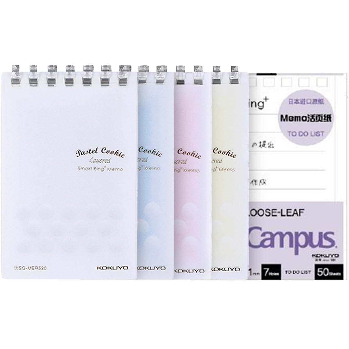 KOKUYO Small Notebooks, 4 Pack 3"x5" Pocket Refillable Spiral Notepads with 20 5x5 Graph Sheets Each and Extra 50 To-do List Sheets, Little Mini Pastel Note pad and 1 Card Pocket for Work or School
