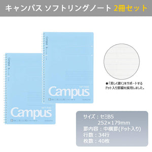 Kokuyo Campus Soft Ring Notebook, Semi-B5, B 6mm Dot Ruled, 34 Lines, 40 Sheets, Blue, Set of 2, Japan Import (SU-S111BT-B)