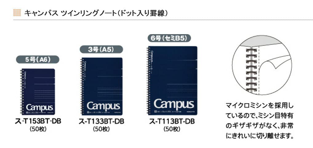 KOKUYO Campus Twin Ring Notebook, Business Type, Dot B 6mm Ruled, A6, 50 Sheets, 21 Lines, Navy Cover, Japan Import (SU-T153BT-DB)