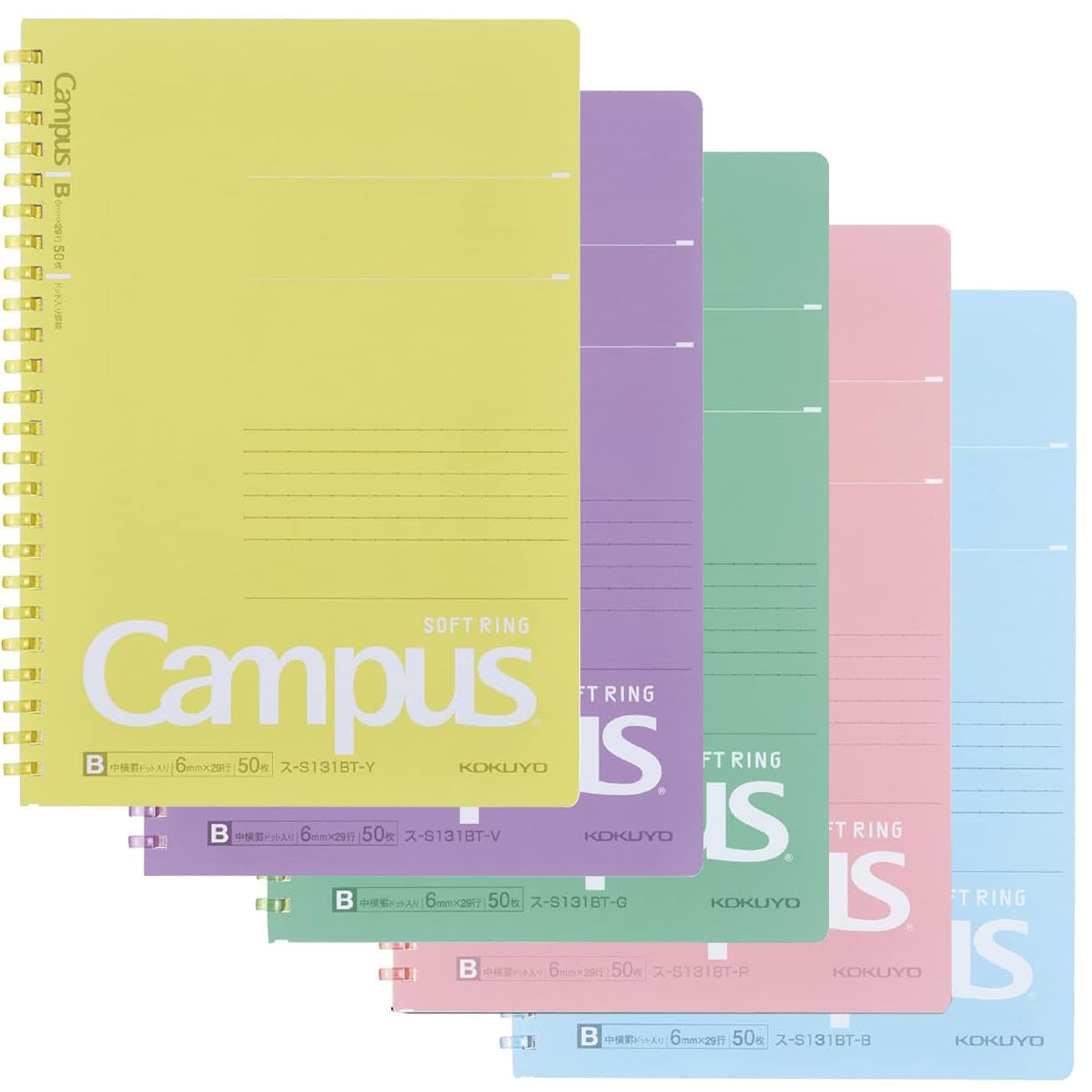 KOKUYO Spiral Lined Notebook, 5 Pack 8.3'' x 5.8'' Pastel Journal A5 Campus Soft Ring Notebooks with Dot 6 mm Ruled, 50 Sheets, 1 Subject Notebook, Note Taking for School. Japan Import (SU-S131BT)