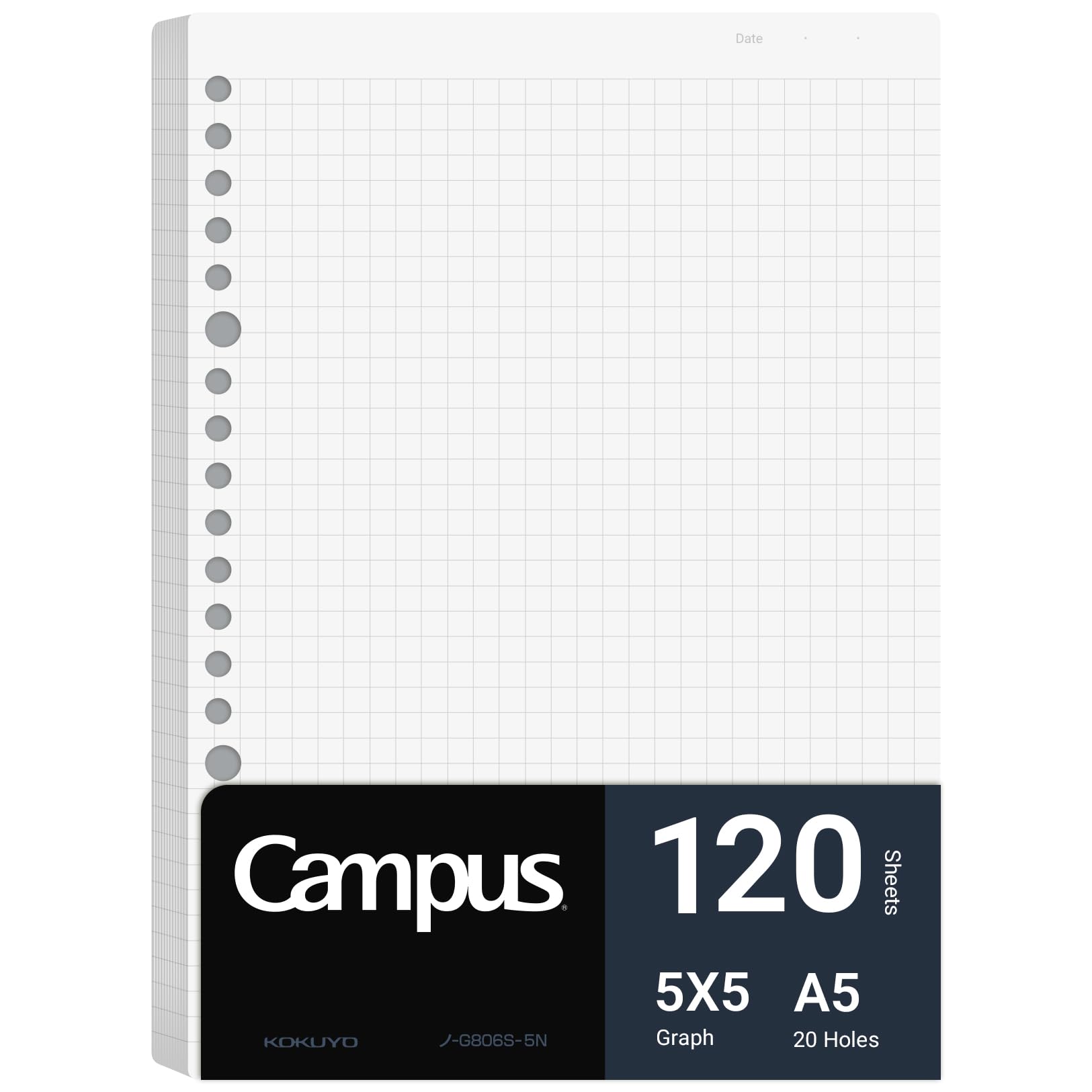 Kokuyo Campus Loose Leaf Paper for Binders, Business Type, Sarasara Smooth Writing, A5, 5mm Grid Ruled, 20 Holes, 120 Sheets, pH Neutral, Bleed Resistant, Japan Import (NO-G806S-5N)