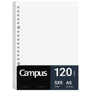 Kokuyo Campus Loose Leaf Paper for Binders, Business Type, Sarasara Smooth Writing, A5, 5mm Grid Ruled, 20 Holes, 120 Sheets, pH Neutral, Bleed Resistant, Japan Import (NO-G806S-5N)