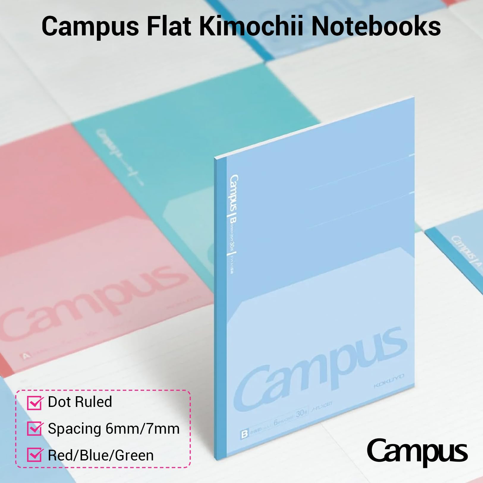 KOKUYO Composition Notebooks, 7" x 10" Kimochii Lined Notebook, 30 Sheets 6mm Dot Ruled Paper, 3 Pack B5 Notebook for School, School Supplies Comp Book for Note Taking, Green Pink Blue, Japan Import