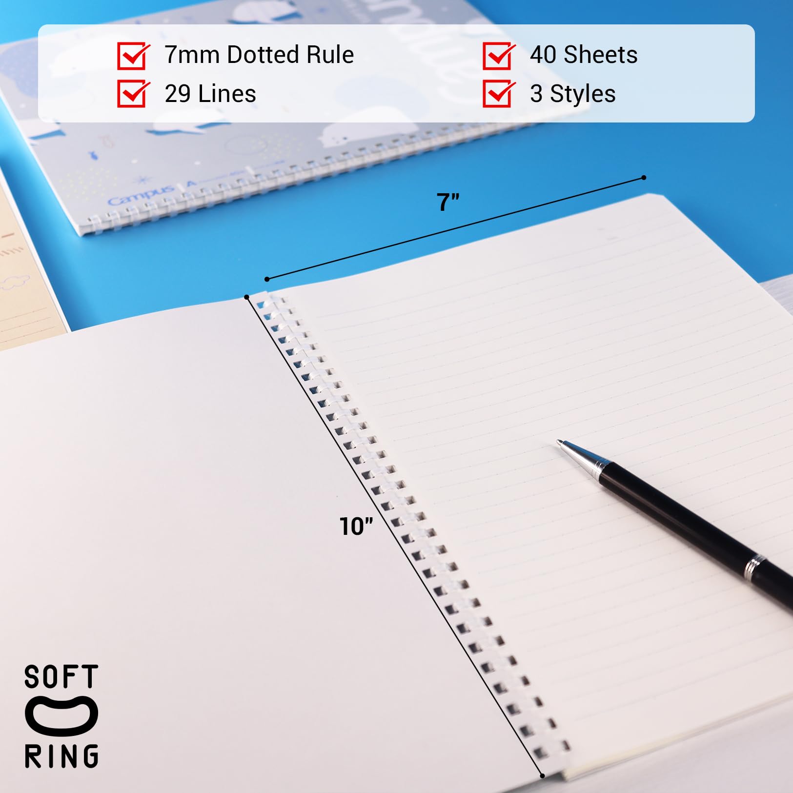 KOKUYO Spiral Notebook Journal, 3 Pack Campus B5 Soft Ring Notebooks with Dotted A 7mm Rule, 40 Sheets, Cute Animal 1 Subject Notebook in Blue Yellow Green, College Office Note Taking. Japan Import