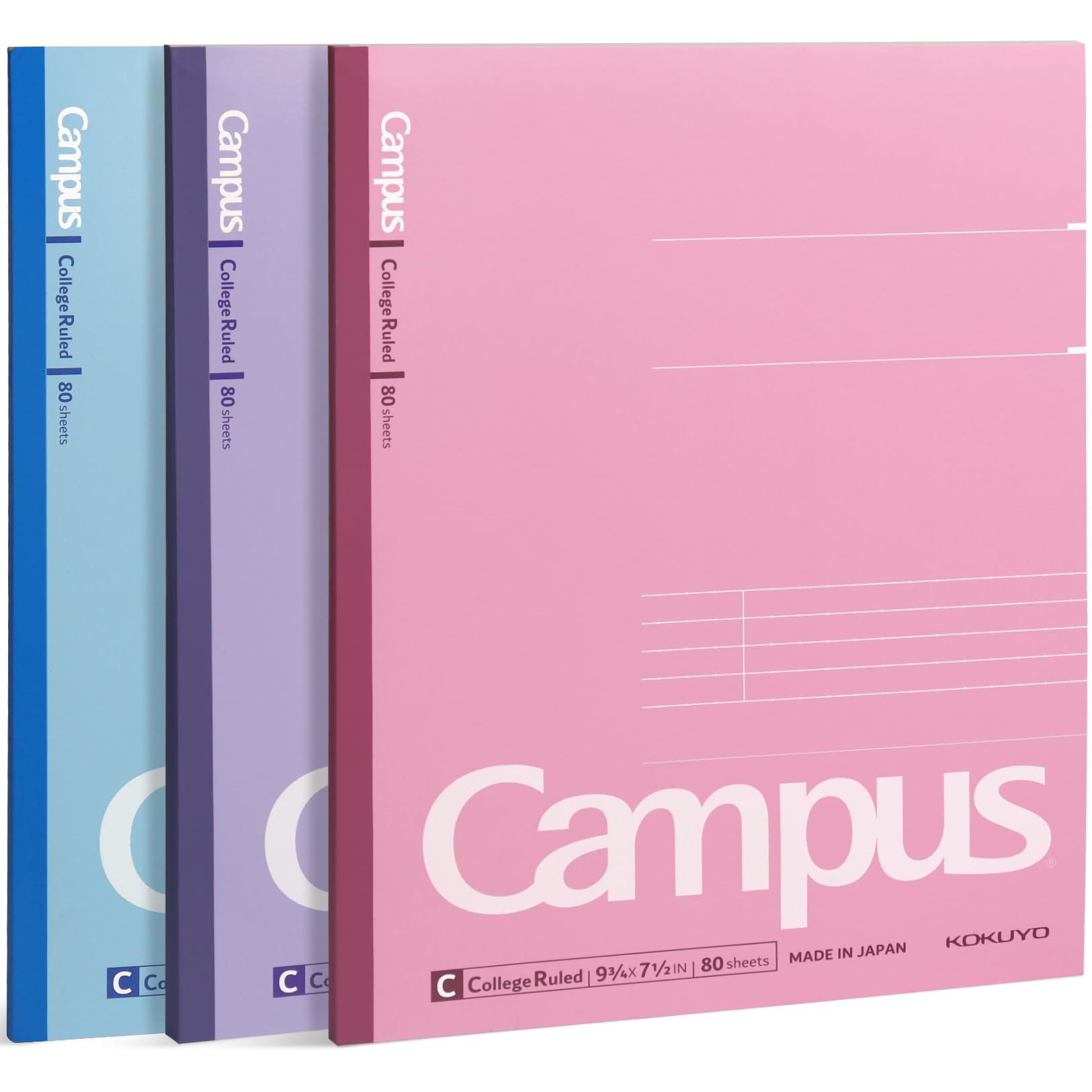 KOKUYO Composition Notebooks, 3 Pack Campus 9-3/4" x 7-1/2" Comp Book with College Ruled, 80 Sheets, Pink Blue Lavender School Lined Notebook Journal for Work Study Note Taking (WSG-NO-308CG1×3)
