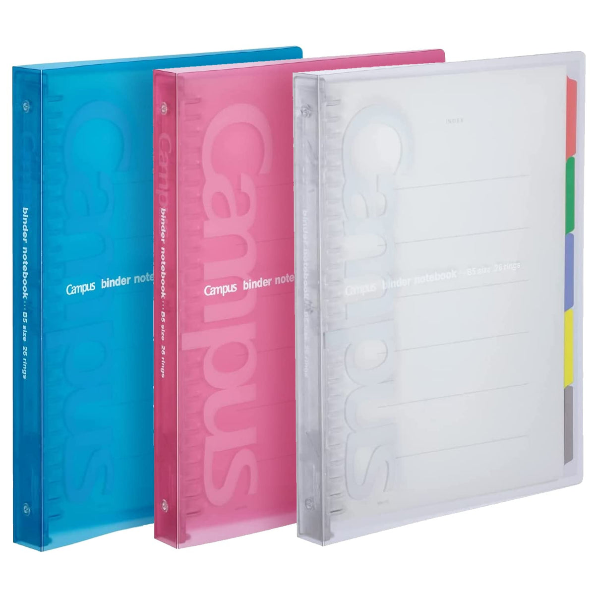 Kokuyo Campus Slide Binder with 5 Tab Dividers, Middle Type, B5, 26 Holes, Up to 100 Sheets, 3 Colors of Blue, Pink & Transparent, Japan Import (RU-P333)