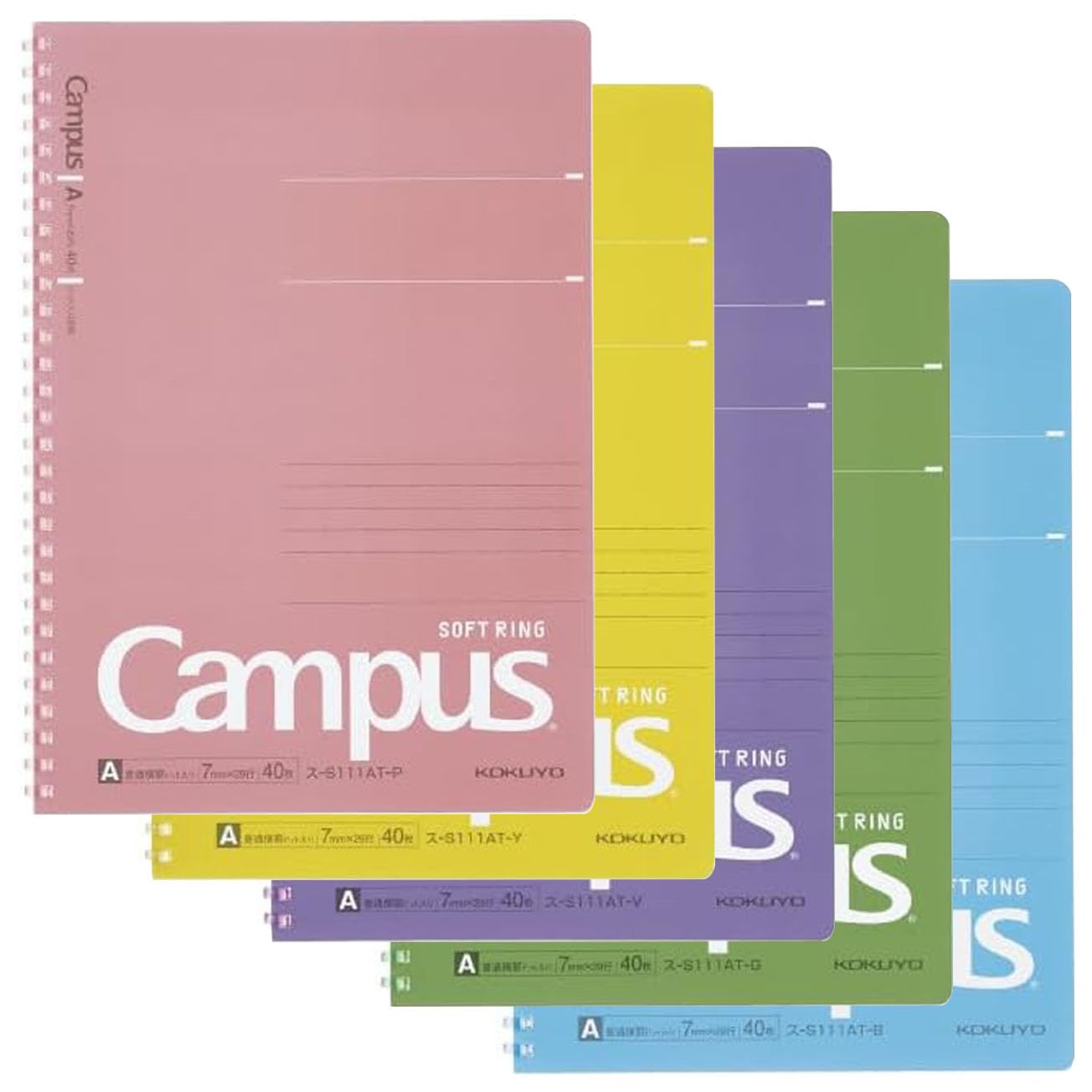 KOKUYO Spiral Lined Notebook, 5 Pack 10'' x 7'' Pastel Journal B5 Campus Soft Ring Notebooks with Dot 7 mm Ruled, 40 Sheets, 1 Subject Notebook, Note Taking for School. Japan Import (SU-S111AT)