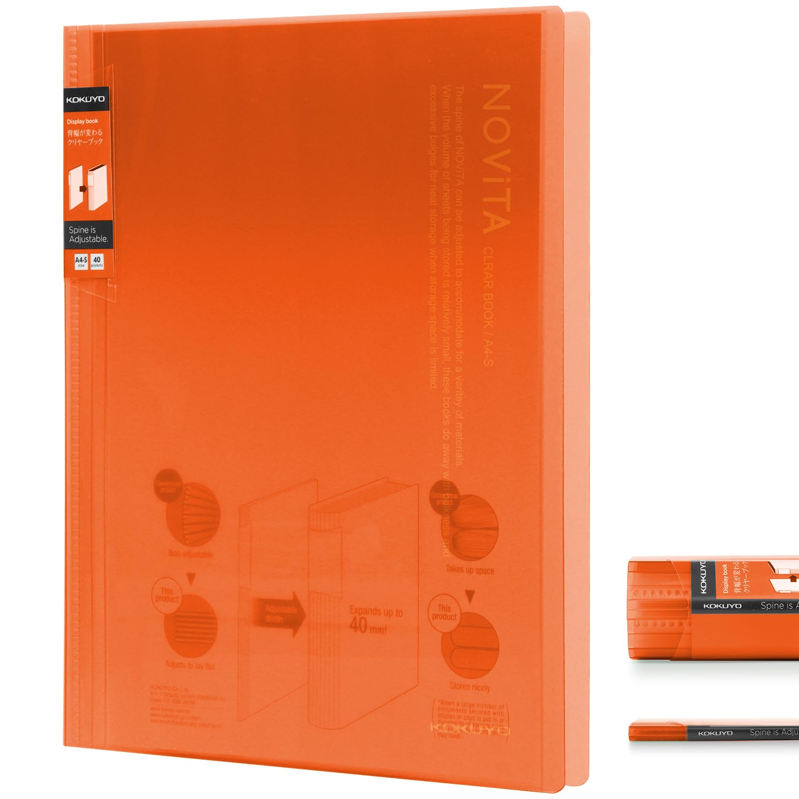 Kokuyo 40-Pocket Binder with Plastic Sleeves 8.5"x11" (Orange), A4 and US Letter Expandable Art Portfolio Folder with Clear Sheet Protectors. 80 Pages of Presentation Display Book. (RA-N40YR)