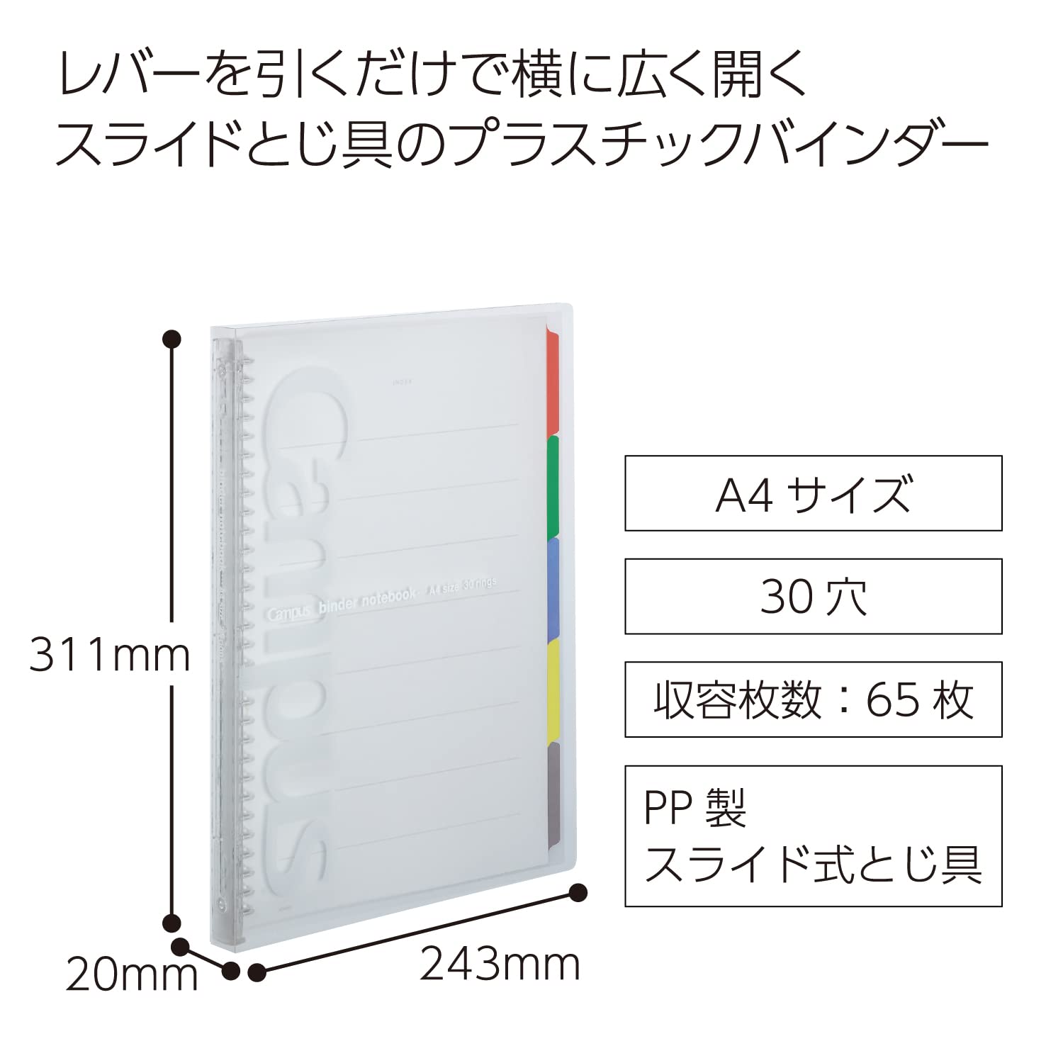 Kokuyo Campus Slide Binder with 5 Tab Dividers, Slim Type, A4, 30 Holes, Up to 65 Sheets, Transparent, Japan Import (RU-P173NT)