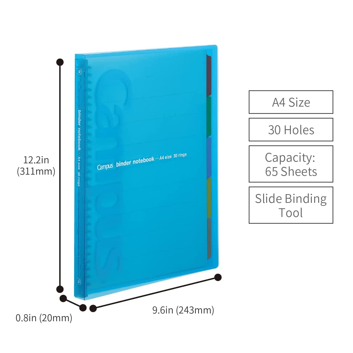 Kokuyo Campus Slide Binder with 5 Tab Dividers, Slim Type, A4, 30 Holes, Up to 65 Sheets, 3 Colors of Blue, Pink & Transparent, Japan Import (RU-P173)