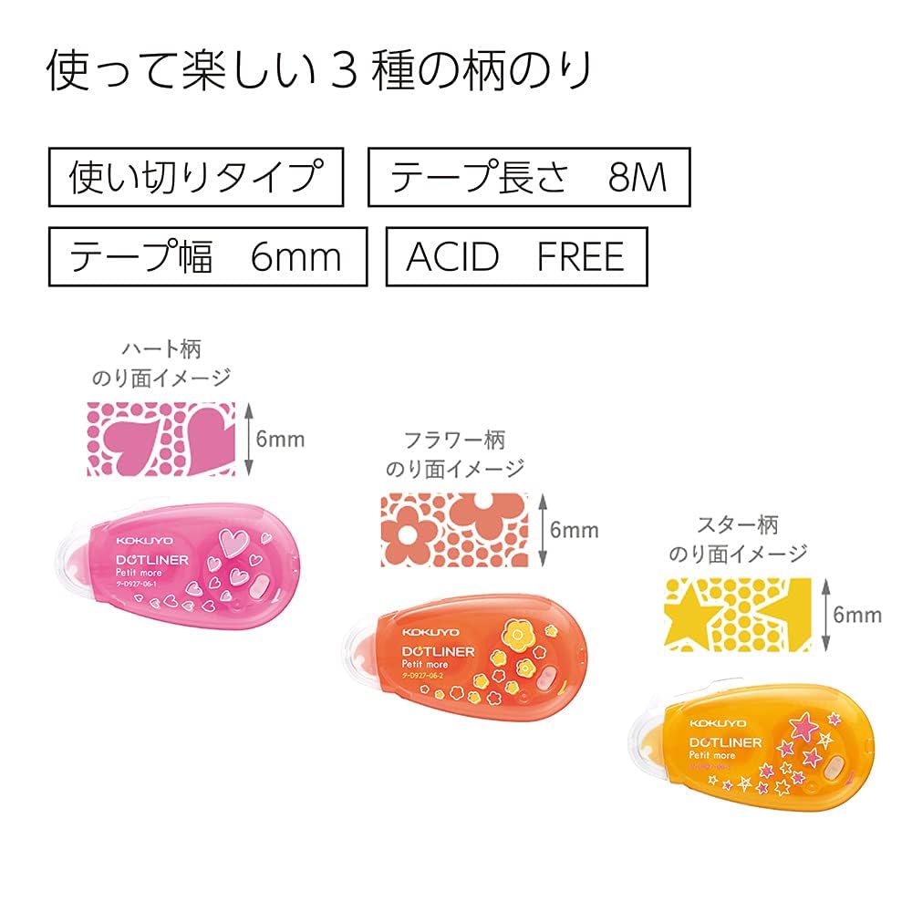 KOKUYO Tape Glue Dot Liner, Double Sided Tape Roller for Crafts, Glue Tape Roller, Strong Adhesive for Scrapbooking, 3 Pieces (Yellow/Orange/Pink)