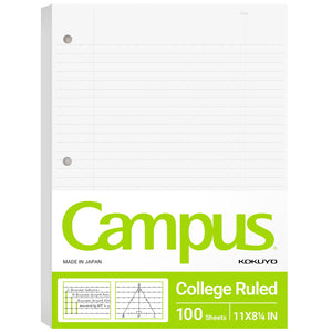 Kokuyo Campus Loose Leaf Paper for 3 Ring Binders, 8-1/4"x11”, College Ruled Notebook Paper, 100 Sheets, 70 GSM Japanese Smooth Paper Prevents Ink Bleeding, School Suppliers.Japan Import(WSG-NO-887G1)