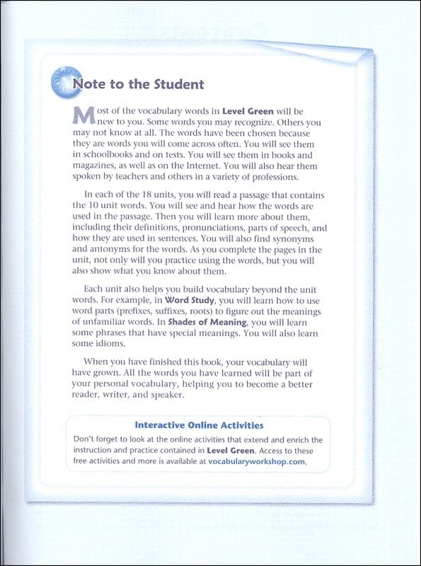 Vocabulary Workshop Enriched Green Level Student Edition, Grade 3 | Vocabulary Workbook | Elementary English Language Arts